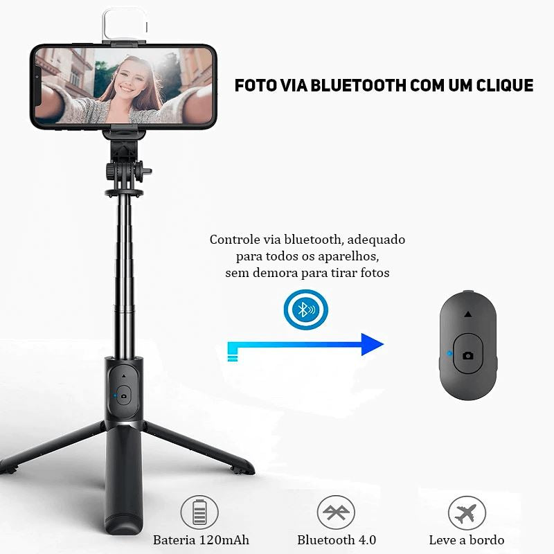 SnapPhoto® | Pau de Selfie e Tripé Bluetooth 4 em 1 + Controle Remoto de Brinde + Brinde Surpresa